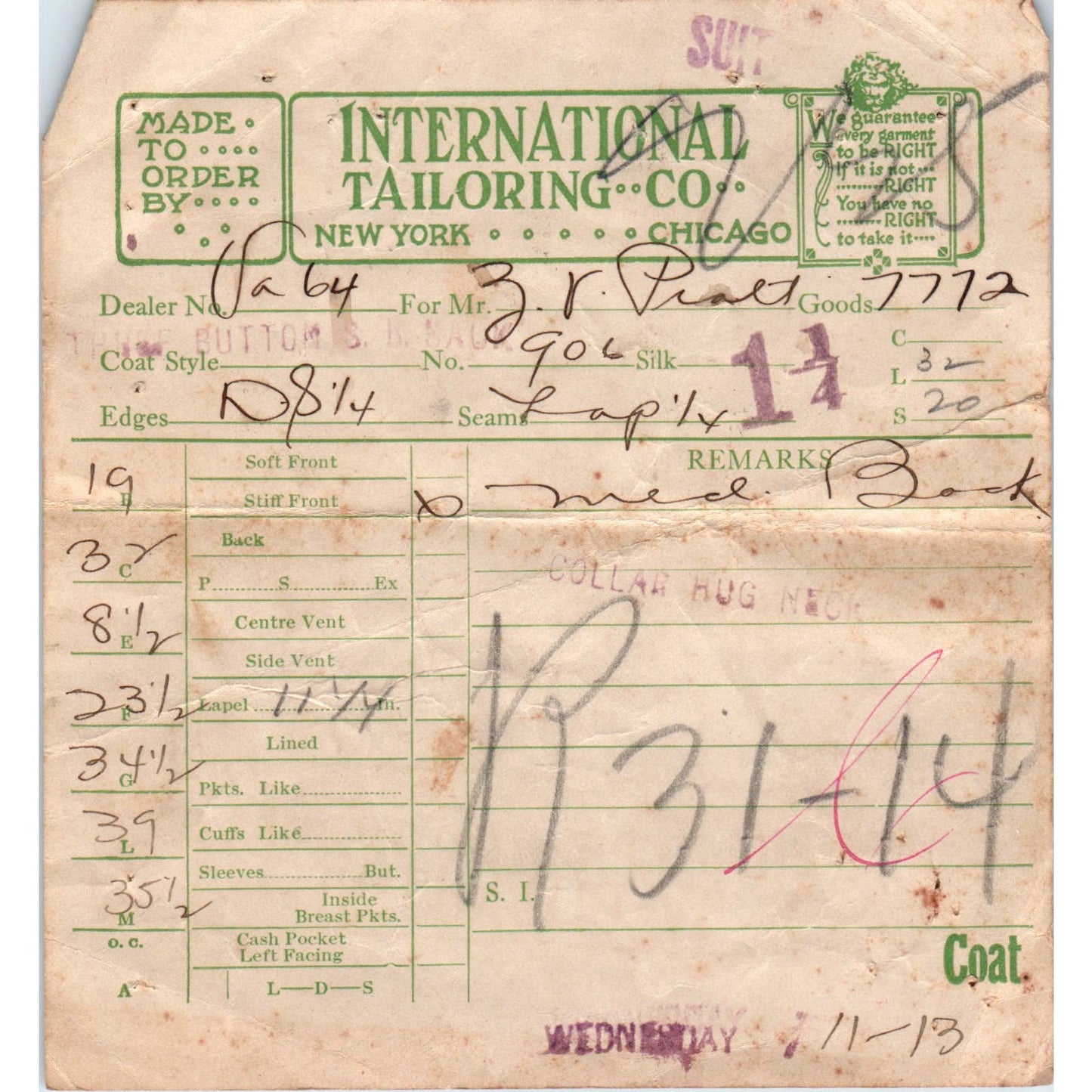 Vintage International Tailoring Co NY Chicago Receipt Billhead AF1-RR5