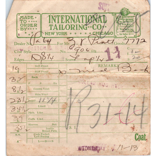 Vintage International Tailoring Co NY Chicago Receipt Billhead AF1-RR5