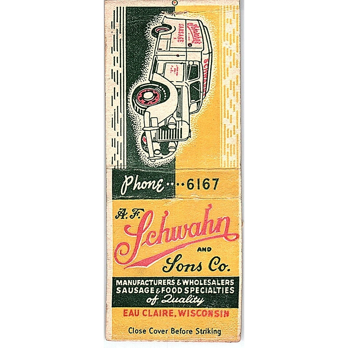 A.F. Schwahn and Sons Co Sausage Eau Claire WI Vintage Matchbook Cover SF3-Y9