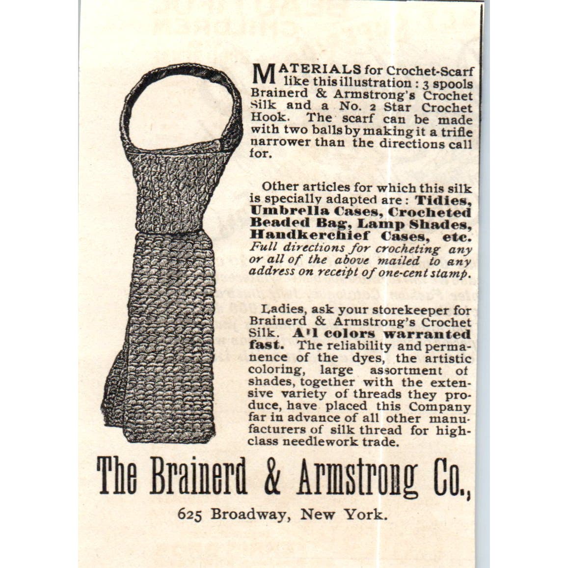 The Brainerd & Armstrong Co Crochet Scarf NY c1890 Victorian Ad AE8-CH8