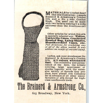 The Brainerd & Armstrong Co Crochet Scarf NY c1890 Victorian Ad AE8-CH8