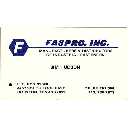Faspro Inc Jim Hudson Houston TX Vintage Business Card SD9-B5