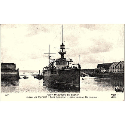 Port Militaire De Brest Entrée Du Cuirassé Leon Gambetta Antique Postcard PE11