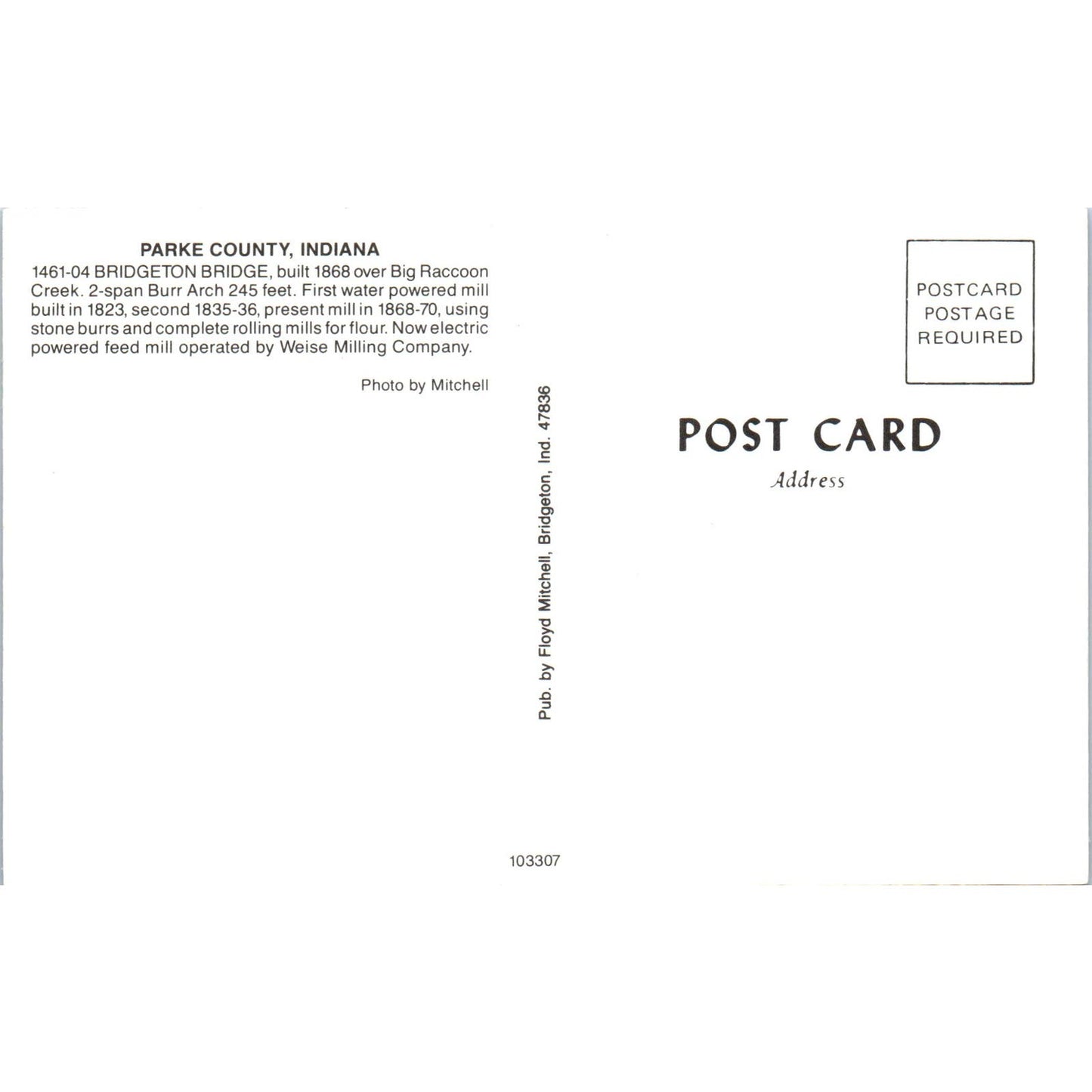 Parke County IN Bridgeton Bridge Vintage Covered Bridge Postcard PD3