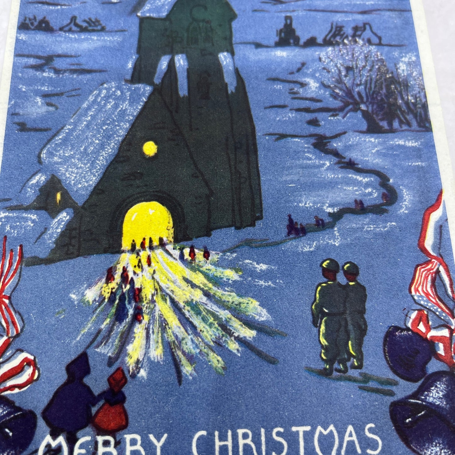 c1945 WWII Army Military Christmas Card Blank Soldiers Protecting Church TA9-E1