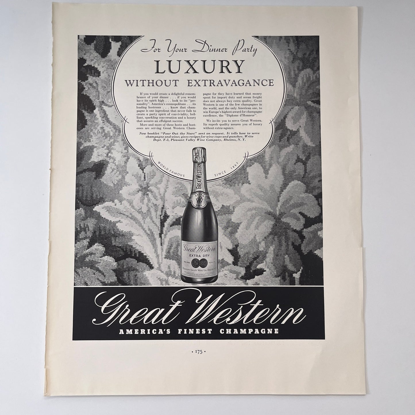 Great Western Champaign Pleasant Valley Wine Co Rheins NY 1935 Ad V1-4
