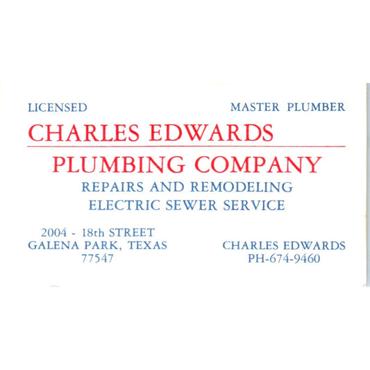 Charles Edwards Plumbing Company Galena Park TX Vintage Business Card SD4-B1