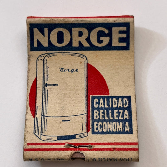 Norge Refrigerator Peru Calidad Belleza Economia Vtg Matchbook Cover TB8-MB2-10