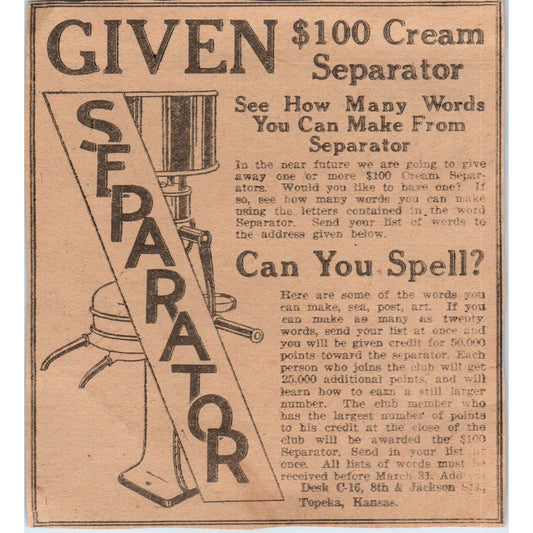 Cream Separator Giveaway Puzzle Topeka KS 1923 Magazine Ad Clip AE1-2