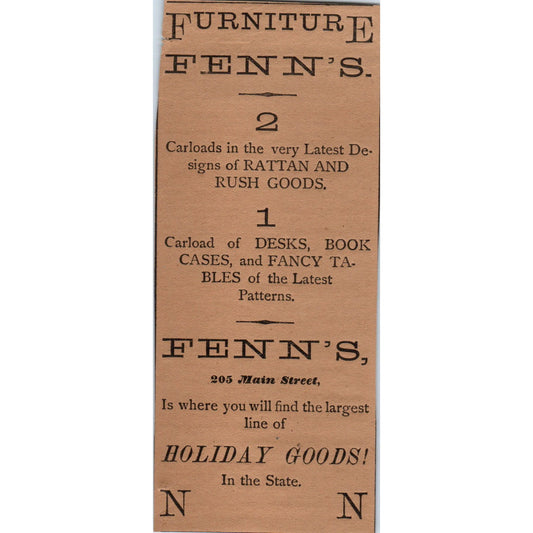 Fenn's Furniture 205 Main Street 1886 Hartford CT Victorian Ad AB8-HT1
