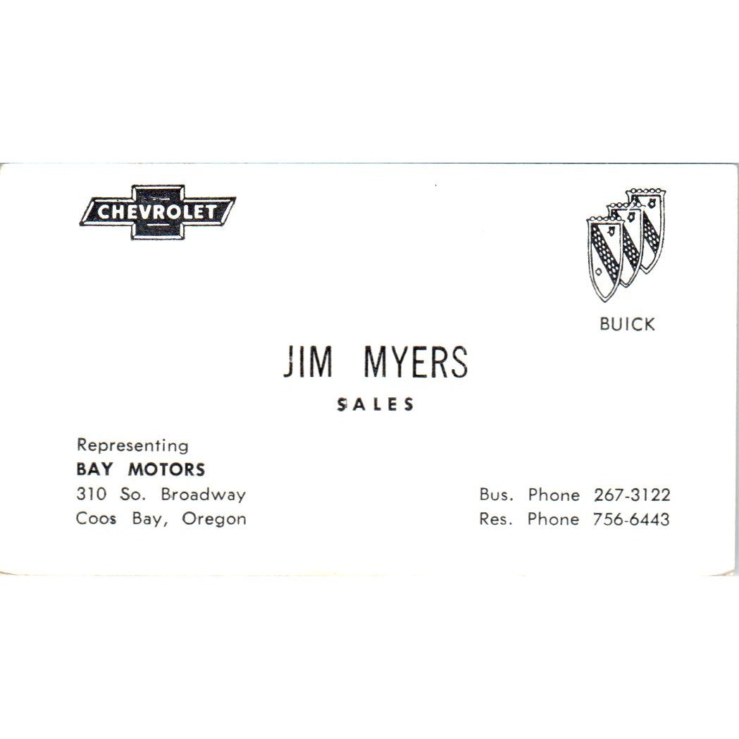 Jim Myers Bay Motors Chevrolet Buick Coos Bay OR Vintage Business Card SE3-B7