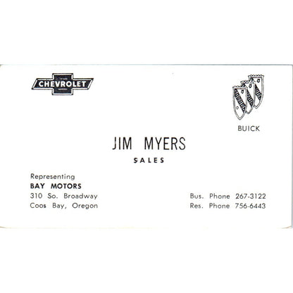 Jim Myers Bay Motors Chevrolet Buick Coos Bay OR Vintage Business Card SE3-B7