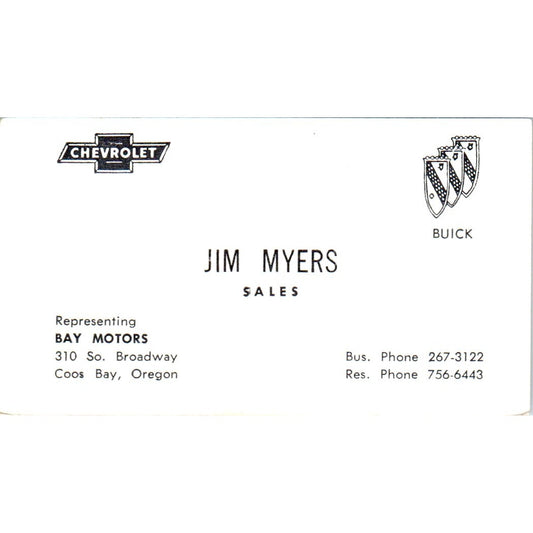 Jim Myers Bay Motors Chevrolet Buick Coos Bay OR Vintage Business Card SE3-B7