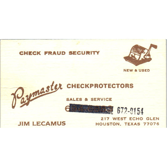 Paymaster Check Protectors Jim Lecamus Houston TX Vintage Business Card SD8-B16