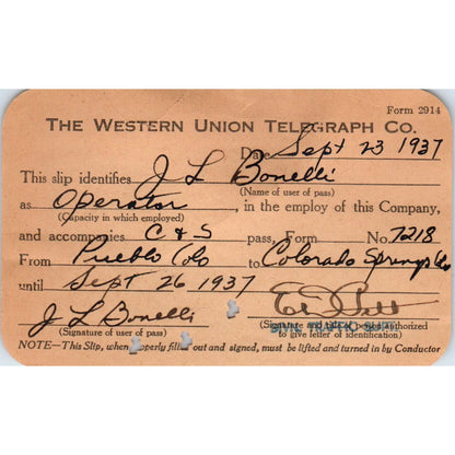 1937 Western Union Identification Slip J.L. Bonelli Pueblo to CO Springs AD8-Q1