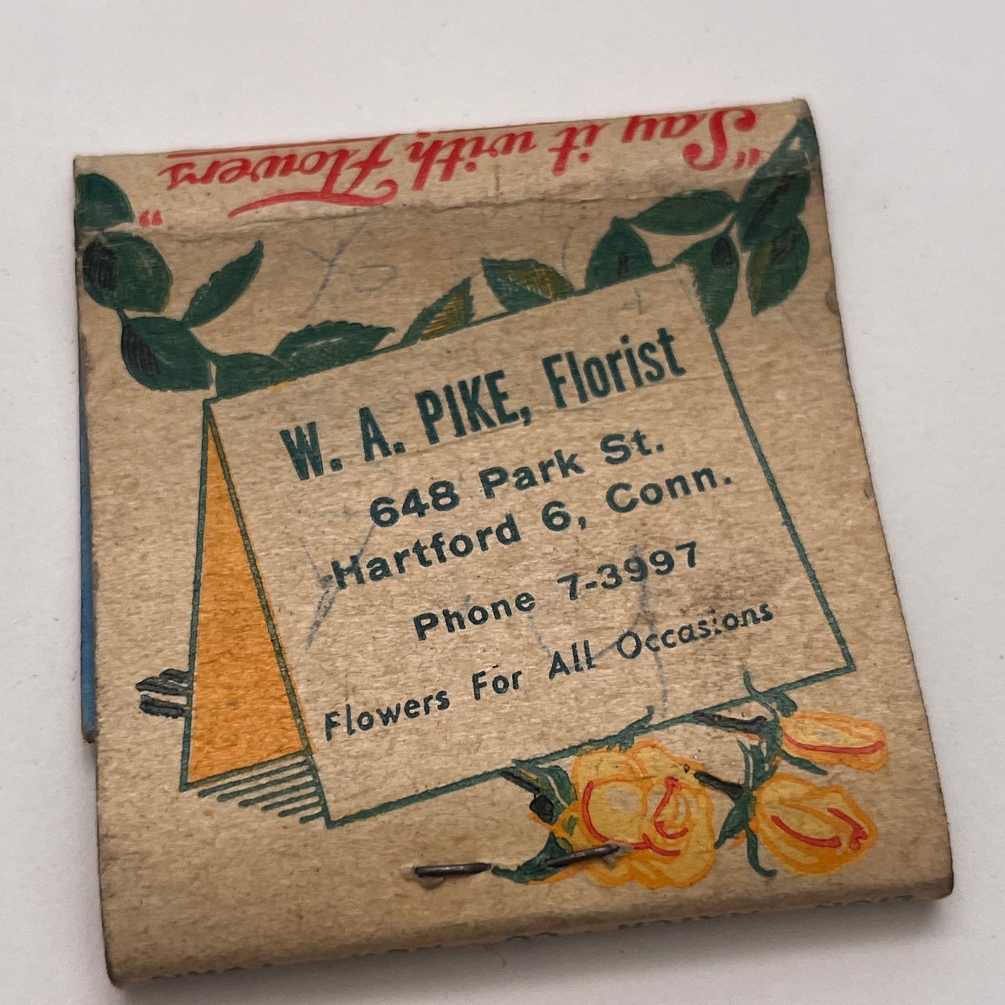 W.A. Pike Florist Hartford CT Vintage Matchbook Cover TB8-MB-5