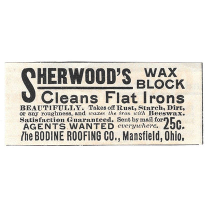 Sherwood's Wax Block Bodine Roofing Co Mansfield OH c1890 Victorian Ad AE9-CH1