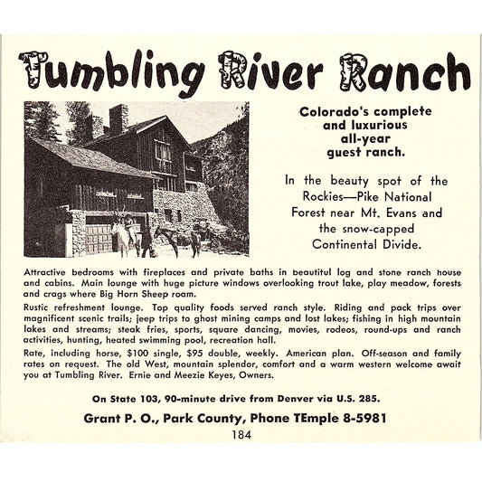 Tumbling River Ranch Ernie & Meezie Keys Grant CO 1958 Ad AG1-H5