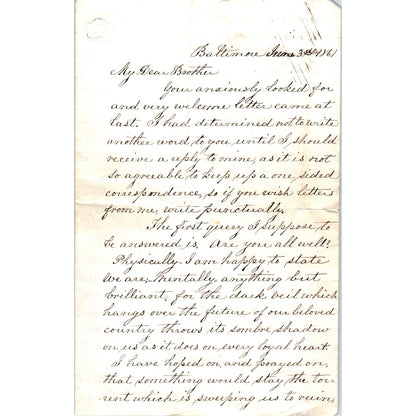 1861 Handwritten Letter Discusses Baltimore Riot, Civil War Sin of Slavery D18