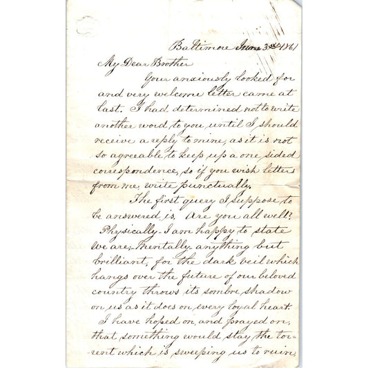 1861 Handwritten Letter Discusses Baltimore Riot, Civil War Sin of Slavery D18