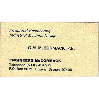 Industrial Machine Design G.M Mccormark P.E Eugene Oregon Business Card SF3-B6