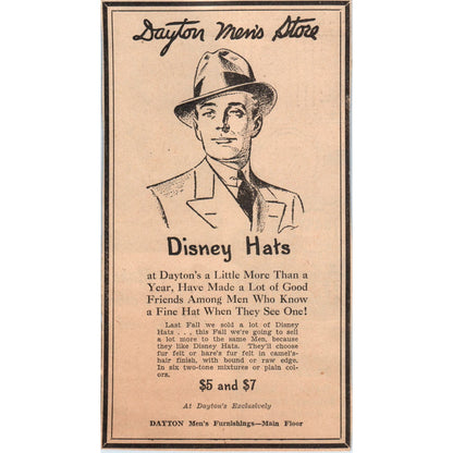 Dayton Mens Store Disney Hats 4x7" 1935 Minneapolis Journal Advertisement AE7-N1