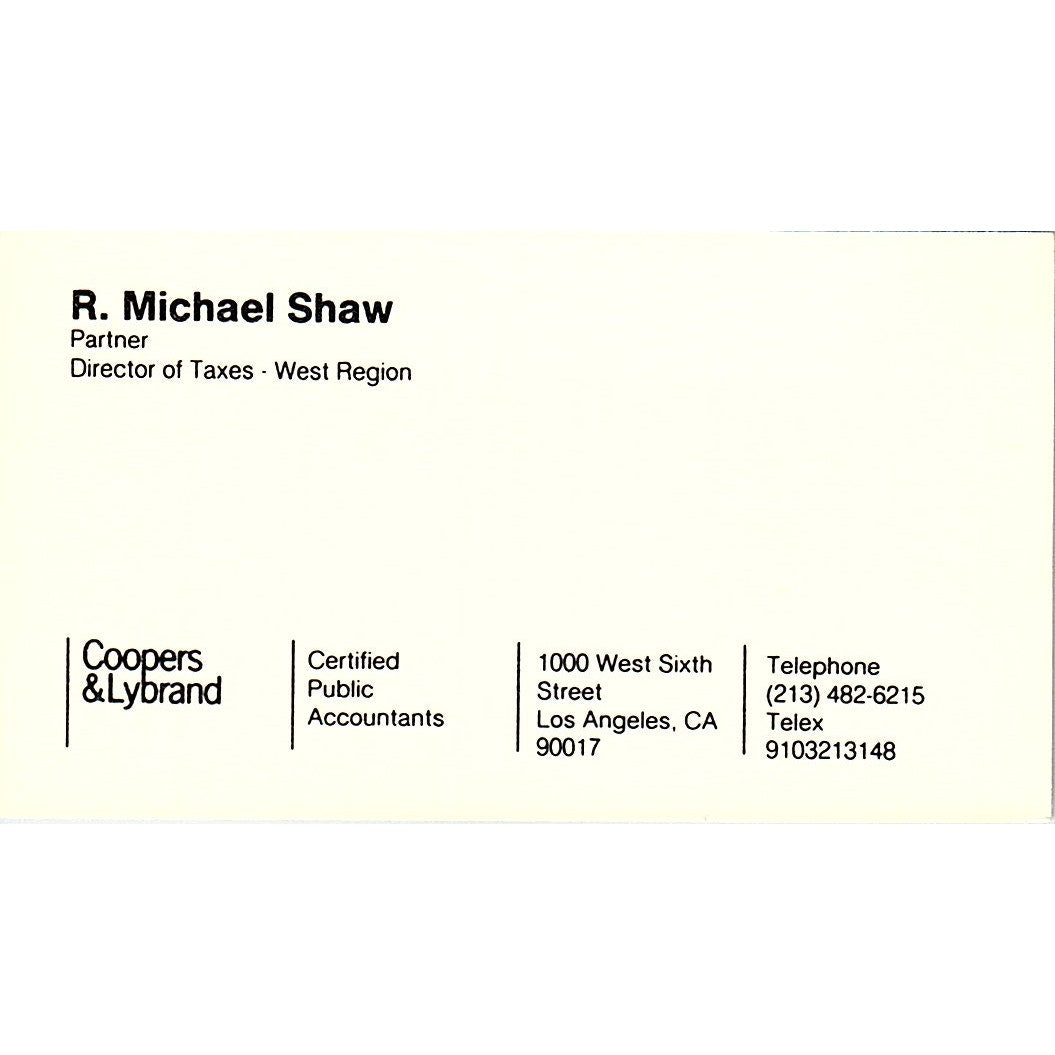 R Michael Shaw Coopers & Lybrand CPA Los Angeles Vintage Business Card SD9-B1