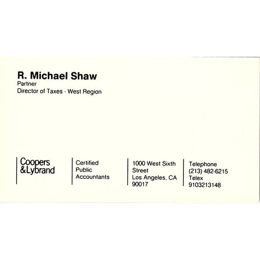 R Michael Shaw Coopers & Lybrand CPA Los Angeles Vintage Business Card SD9-B1