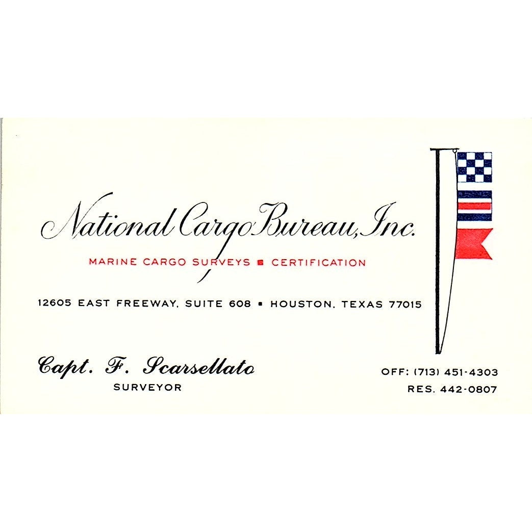 Capt F Scarsellato National Cargo Bureau Houston Vintage Business Card SC9-B4