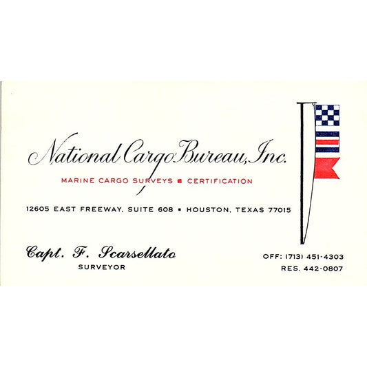 Capt F Scarsellato National Cargo Bureau Houston Vintage Business Card SC9-B4