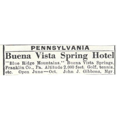 Buena Vista Spring Hotel Blue Ridge Mts John J. Gibbons c1918 Ad AE5-SV6
