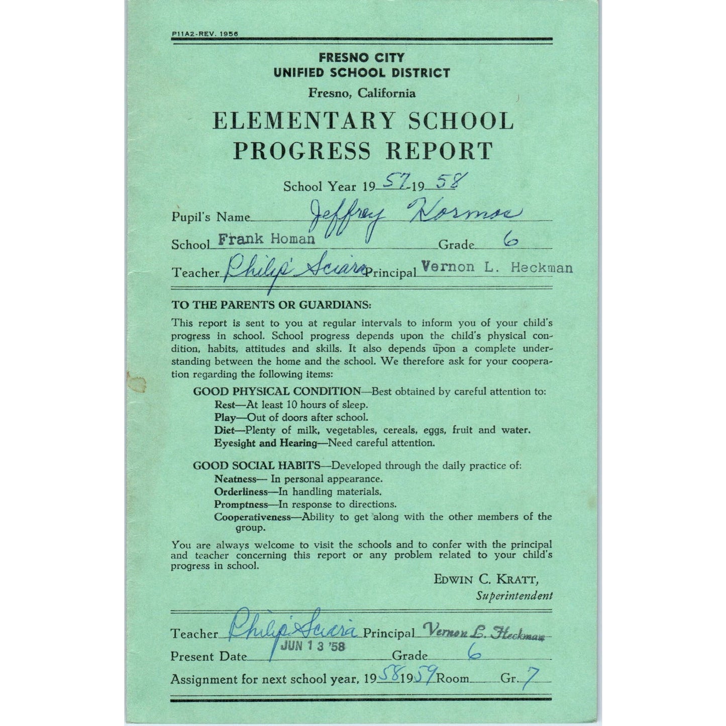 1957-58 Fresno City Schools Fresno CA Report Card Jeffrey Kormos Grade 6 AB9