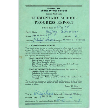 1957-58 Fresno City Schools Fresno CA Report Card Jeffrey Kormos Grade 6 AB9