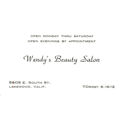 Wendy's Beauty Salon Lakewood CA Vintage Business Card SD8-B11