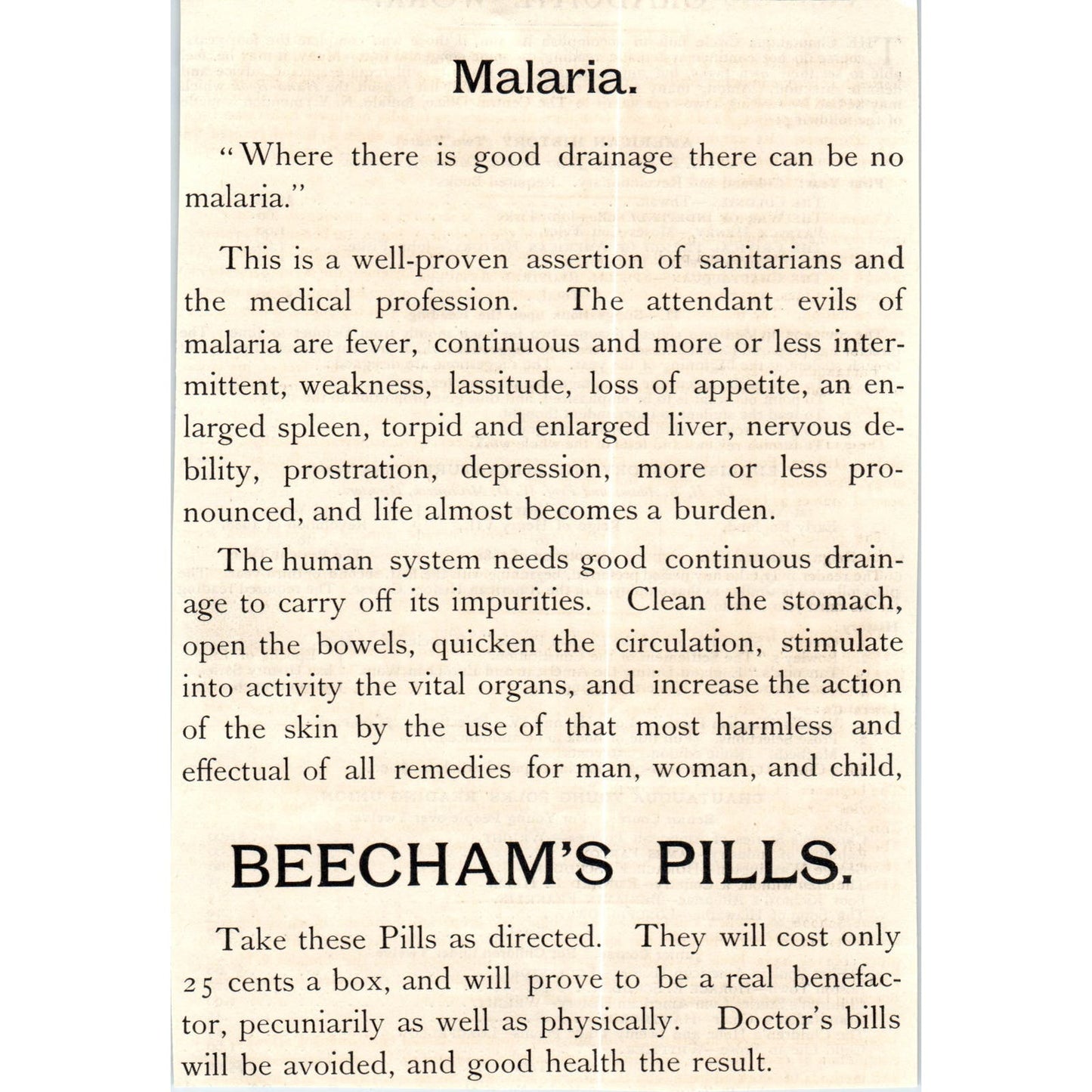 Beecham's Pills Remedy for Malaria Quackery c1890 Victorian Ad D11