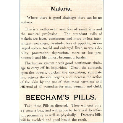 Beecham's Pills Remedy for Malaria Quackery c1890 Victorian Ad D11