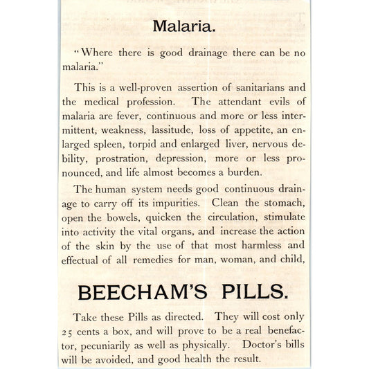 Beecham's Pills Remedy for Malaria Quackery c1890 Victorian Ad D11