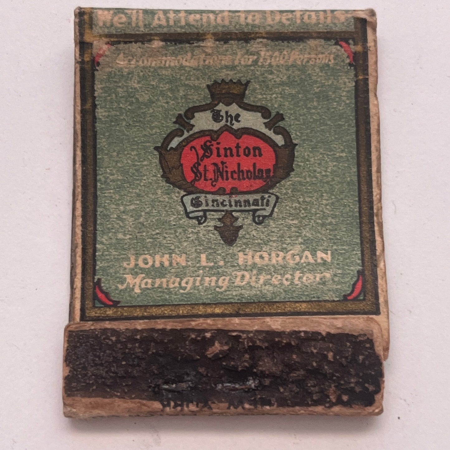 Sinton St. Nicholas Cincinnati John L Morgan Vintage Matchbook Cover TB8-MB2-9