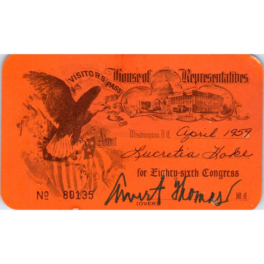 1959 House of Representatives 86th Congress Visitor Pass AD8-RS1