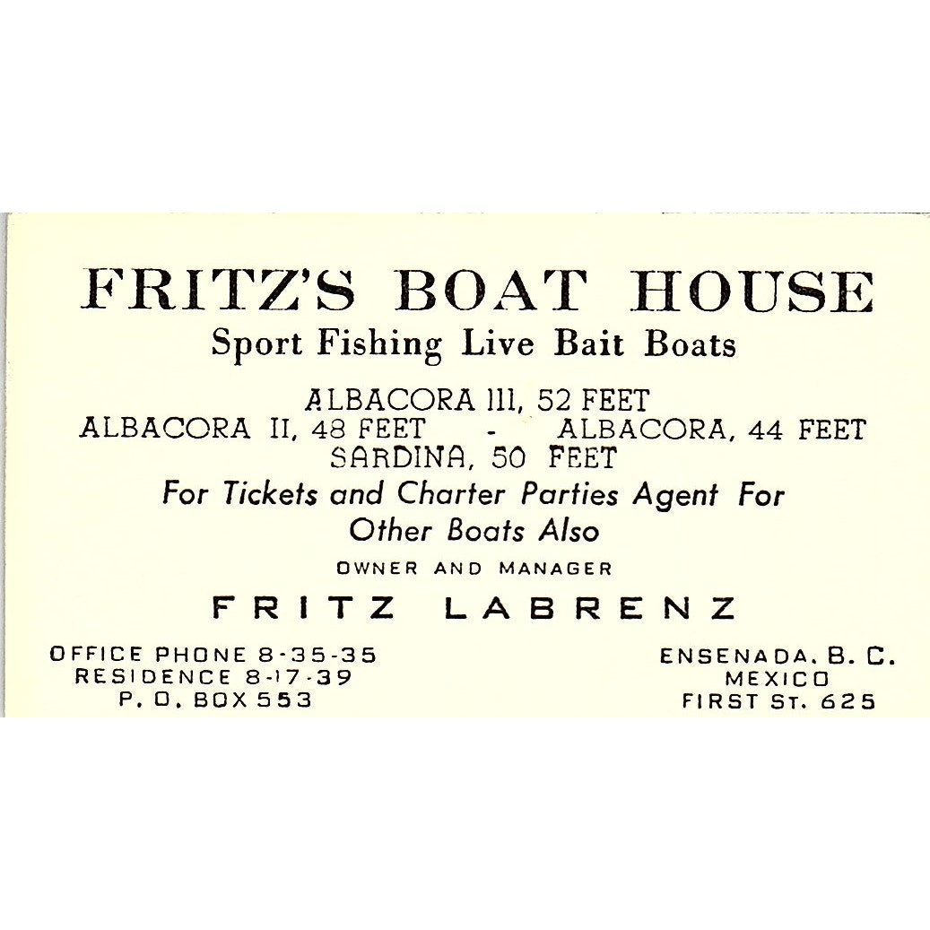 Fritzs Boat House Fritz Labrenz Ensenada Mexico Vintage Business Card SB4-B10