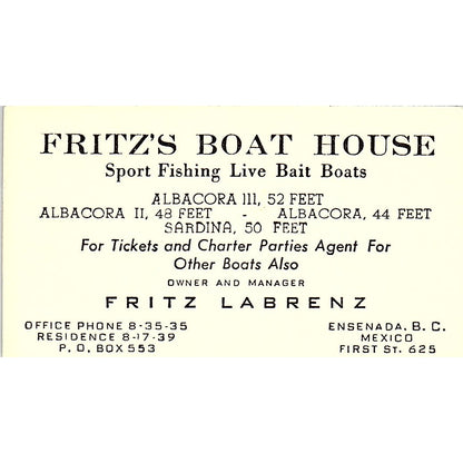 Fritzs Boat House Fritz Labrenz Ensenada Mexico Vintage Business Card SB4-B10
