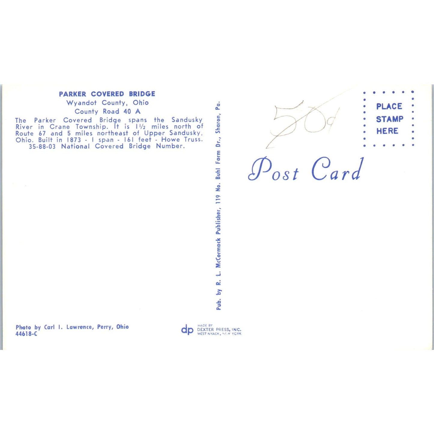 Parker Bridge Wyandot County Ohio Covered Bridge Postcard PC5