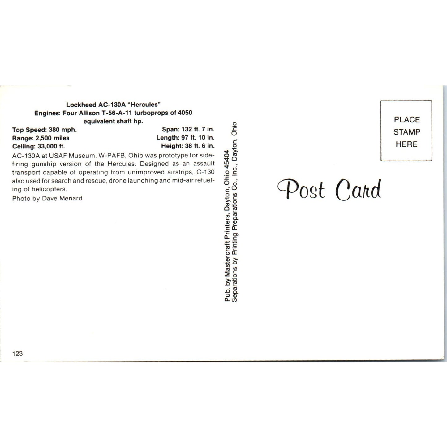 Lockheed AC-130A Hercules Vintage Postcard PC3