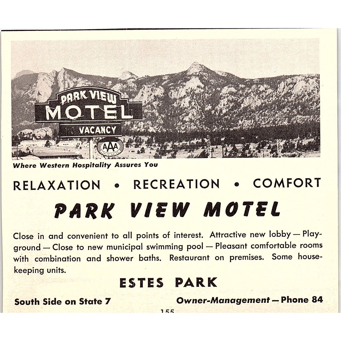 Park View Motel, 3 G's Motor Lodge Estes Park CO 1958 Ad AG1-H1