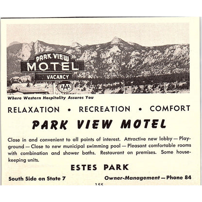 Park View Motel, 3 G's Motor Lodge Estes Park CO 1958 Ad AG1-H1