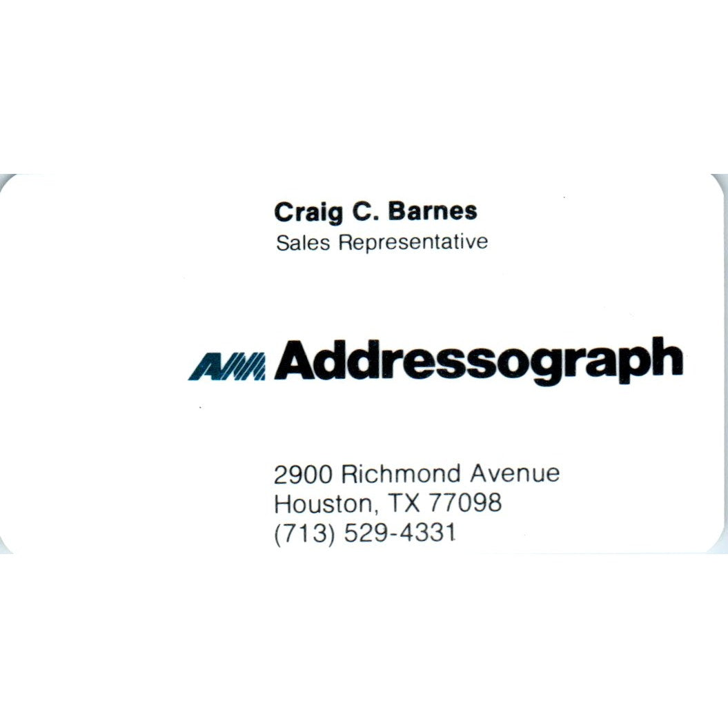Craig C. Barnes Addressograph Houston TX Vintage Business Card SE3-B2