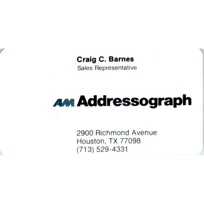 Craig C. Barnes Addressograph Houston TX Vintage Business Card SE3-B2