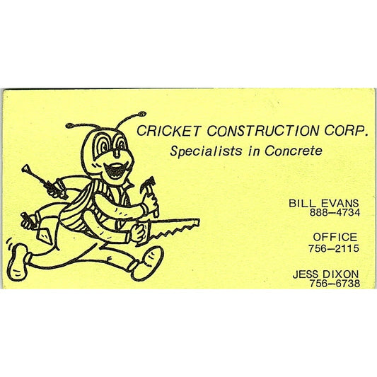 Cricket Construction Corp Bill Evans Jess Dixon Vintage Business Card SD9-B3