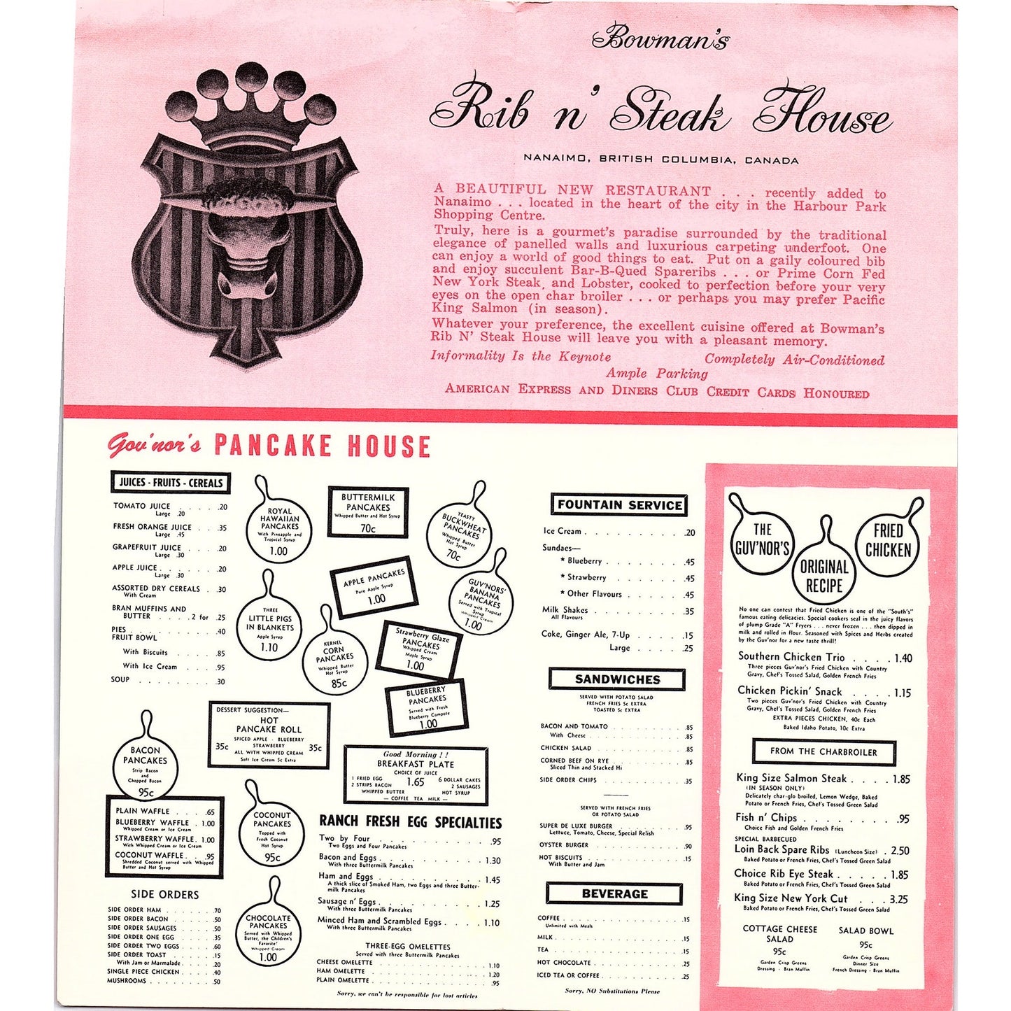 Bowman's Rib n' Steak House Pancake House Victoria BC 1960s Brochure TH2-TB4