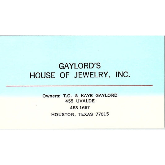 Gaylord's House Of Jewelry T.O & Kate Gaylord Houston Texas Business Card SF3-B9